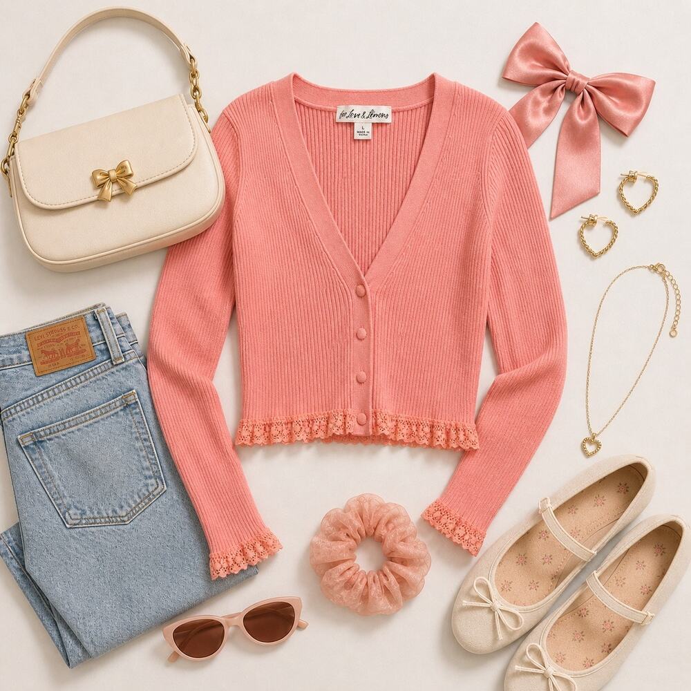 For Love & Lemons Salmon Pink Ribbed Lace Trim Cropped Cardigan Coquette Large